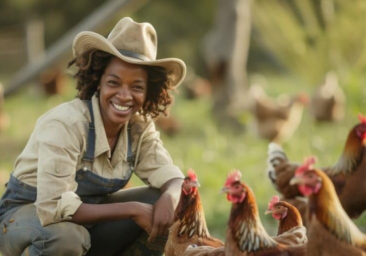 A cheerful african-american female farmer in work boots and overalls, crouching down tending chicken on the farm, The scene captures her joyful interaction with the animals, creating a warm and inviting atmosphere, The photo was taken with a DSLR camera, with a f/3.7 lens, in a wideangle shot to capture both the human and chicken in the style of interaction --ar 3:2 Job ID: b841a508-9b0e-46bb-b0f2-d07f855ae2cb